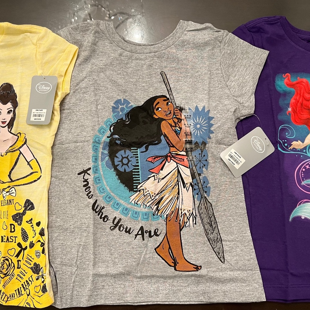 3 NEW Disney Store Disney Princess Girls Tee Shirts Med 7/8 Belle Moana Ariel!